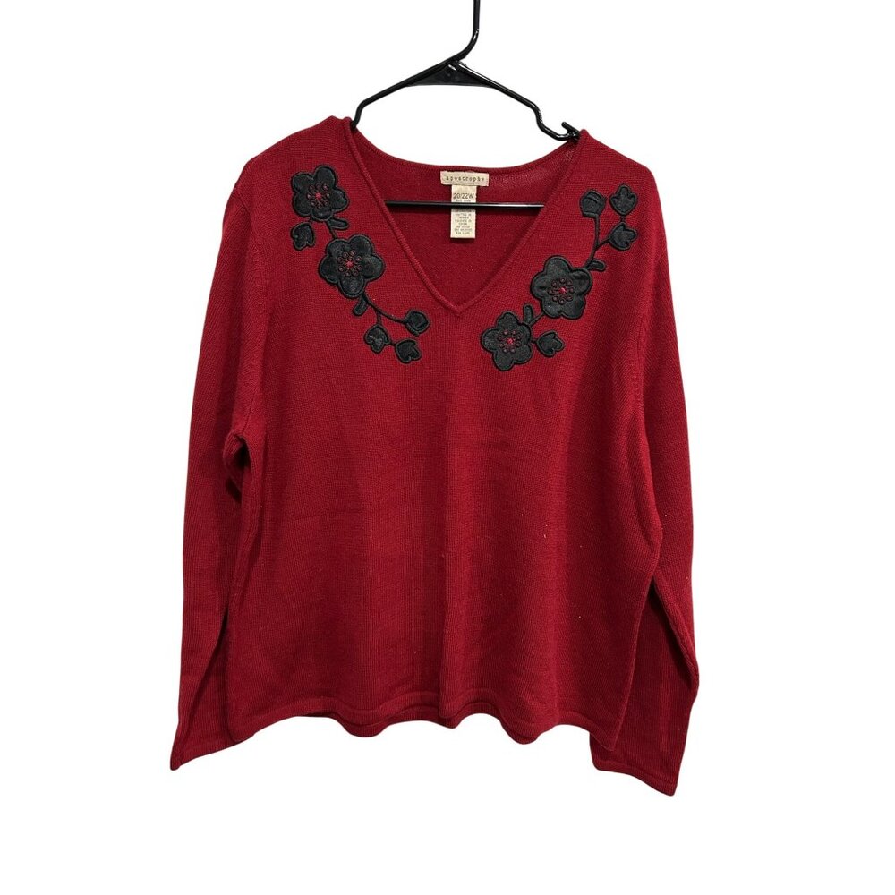 Apostrophe Red V Neck Sweater Black Floral Embroidery Size 20